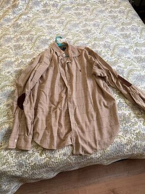 Polo by Ralph Lauren Tan Brown Micro-Check Shirt Jacket with Elbow Patches